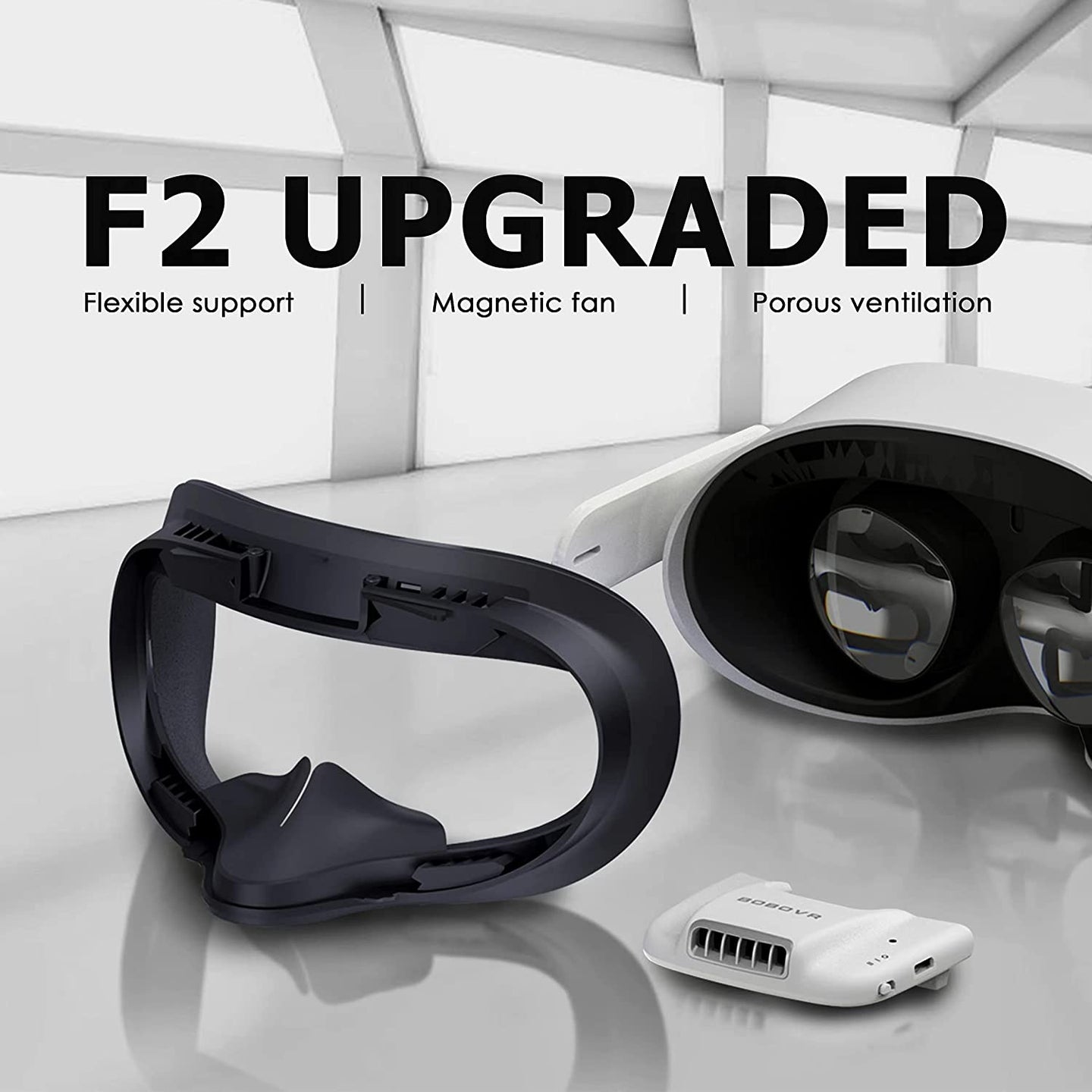 BOBOVR F2 Fitness-Gesichtsschnittstelle (aktualisierte Version) – kompatibel mit Oculus/Meta Quest2, weiche PU-Gesichtsabdeckung/-polster, aktive Luftzirkulation, Mikroventilator-Belüftung zur Reduzierung des Beschlagens der Linse 